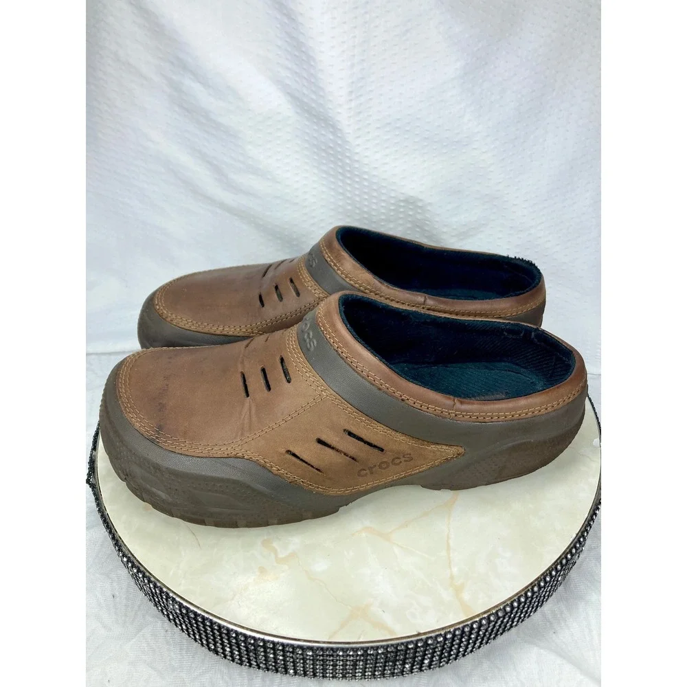 Crocs Leather Yukon Sport Clog Men 13 Brown Comfort Rugged Slip On Outdoor Mules